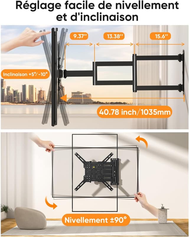 Detalle 1 de FORGING MOUNT Support mural TV longue portée pour angles (26 à 65 pouces) – Rotation portrait/paysage, VESA jusqu’à 400x400 et jusqu’à 35 kg