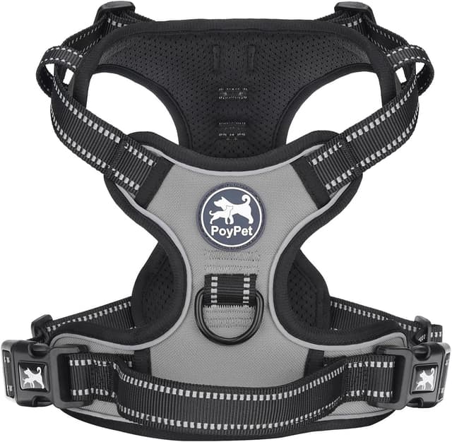 Detalle de PoyPet No Pull Dog Harness (Reflective Vest) with 2 Leash Attachments and Easy Control Handle, Grey