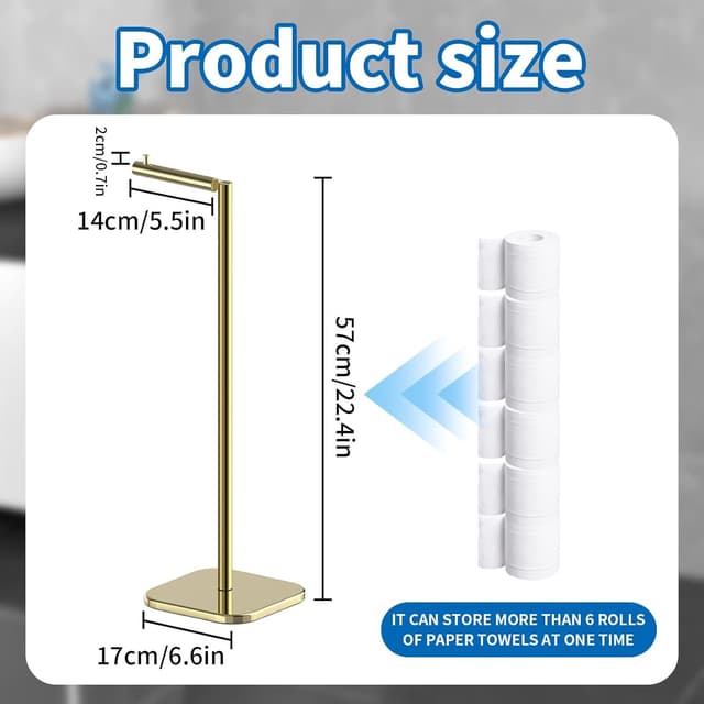 Detalle de Free Standing Stainless Steel Toilet Roll Holder Stand (Heavy-Duty Base) for 6 Rolls — Golden Chrome Finish