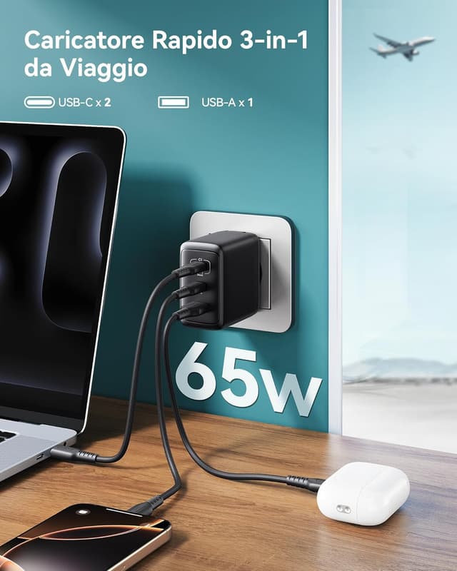 Detalle de INIU 65W caricatore USB-C multipresa 3 porte (USB‑C x2 + USB‑A) con ricarica rapida PD & QC
