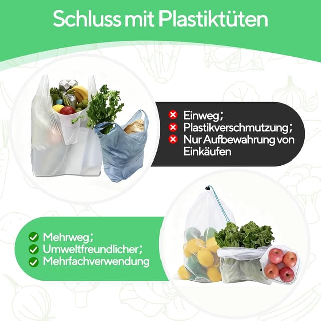 Detalle de DAMIHAI 15er Set Obst- und Gemüse-Netztaschen mit Kordelzug (3 Größen) – wiederverwendbare Netzbeutel