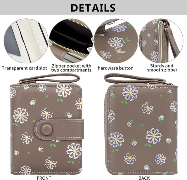 Detalle de Farcauo portefeuille en cuir imprimé Daisy marron – mini format avec porte-monnaie et porte-cartes