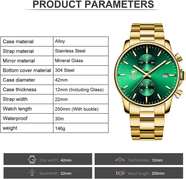 Detalle de Affute Orologio da uomo in acciaio inox e metallo, cronografo al quarzo impermeabile (3 ATM) con data e lancette colorate