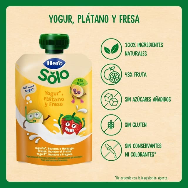 Detalle 2 de Hero Baby Mi Merienda Bolsitas Yogurín Plátano y Fresa 🍌🍓