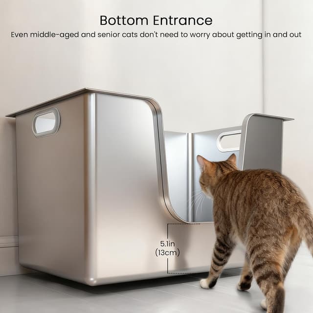 Thumbnail 6 de PTLOM Stainless Steel Cat Litter Tray (High Sides, Low Entry) with Wheels – L 58x38x30cm