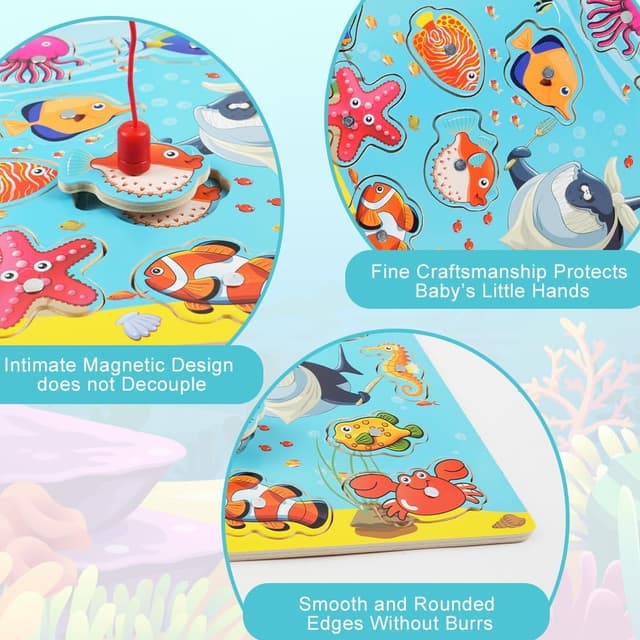Detalle de Vicloon Giochi magnetici di pesca in legno con 14 pesci e 2 canne (Oceano) per bambini 3+