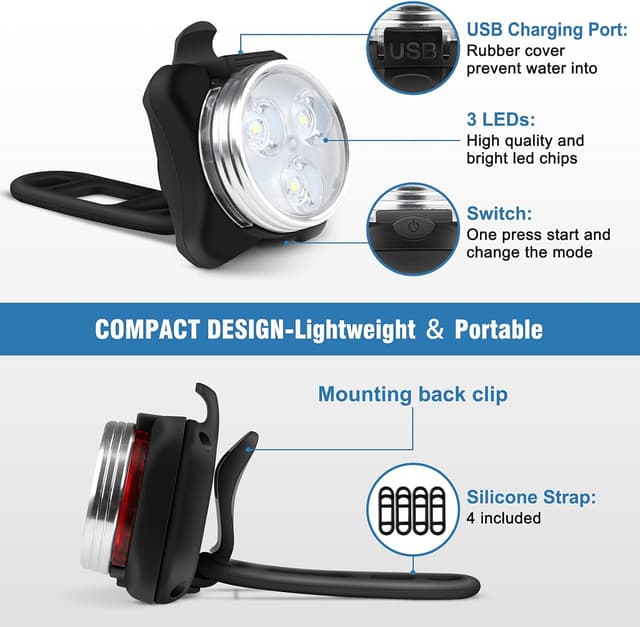 Thumbnail 4 de Ascher USB Rechargeable Bike Light Set 650mAh