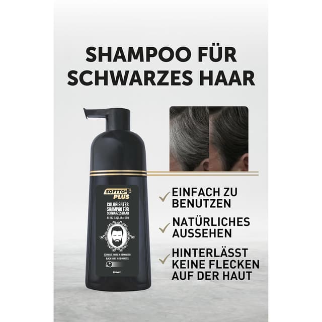 Detalle 2 de Softto+ Plus Black Hair Shampoo: graue & weiße Haare in 10 Minuten abdecken, inkl. Handschuhe (2 x 350 ml)