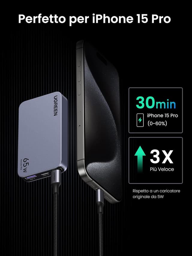 Detalle 2 de UGREEN Nexode Air caricatore ultra sottile 65W con USB-C e USB-A, compatibile (Galaxy S e MacBook, iPad, iPhone, Steam Deck)