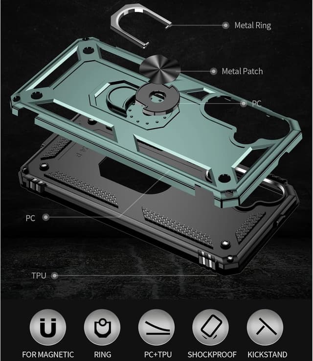 Detalle de for Samsung Galaxy S24 case with screen protector – 360° rotatable kickstand heavy duty shockproof (dark green)