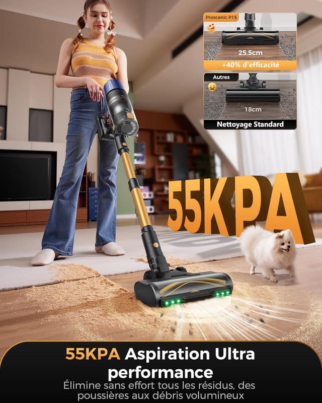 Detalle 2 de Proscenic P15+ : aspirateur balai sans fil 55 kPa, 70 min, brosse anti-enchevêtrement