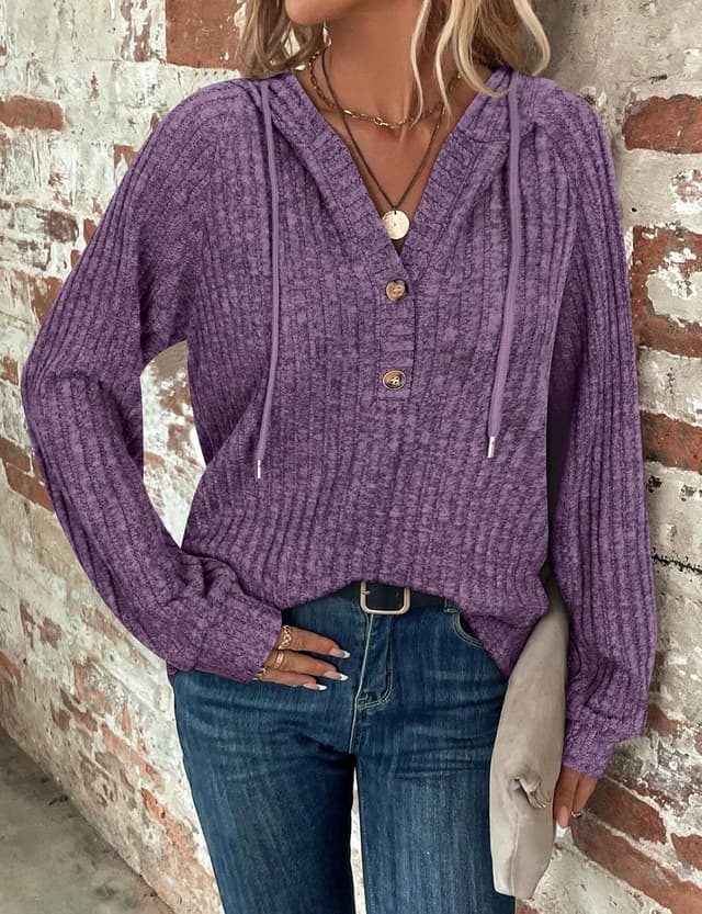 Detalle de Women’s long sleeve V-neck hoodie jumper with drawstring & button front (65% rayon blend)