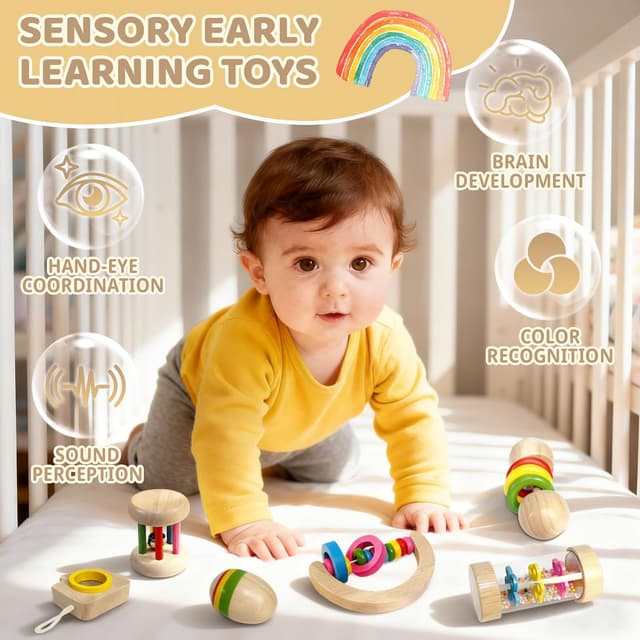 Detalle de Wooden baby rattle set 6-piece for 1 year