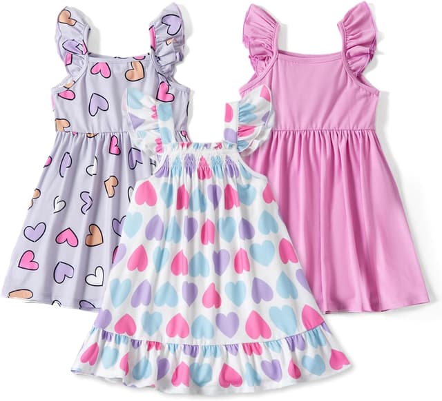 Detalle de PATPAT Multipack Girl Toddler Dresses (Heart Prints, Flamingo Stripes, Sleeveless)