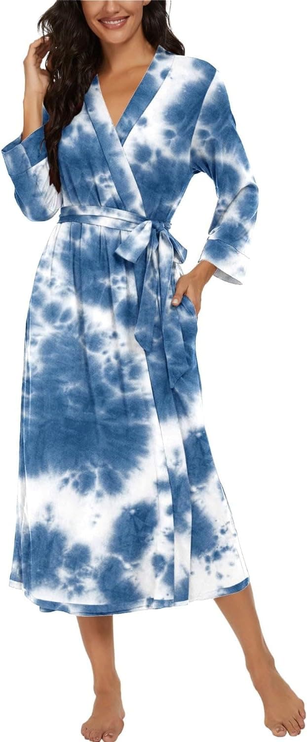 Detalle de PrinStory Damen-Bademantel mit 3/4-Ärmeln, V-Ausschnitt & Kimono-Robe (leicht, 95% Viskose/5% Elasthan)