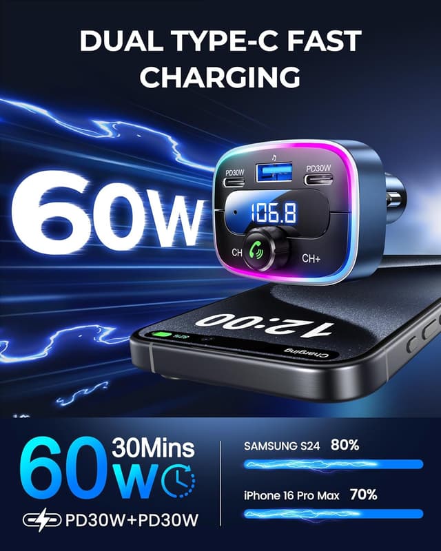 Thumbnail 2 de LENCENT Transmetteur FM Bluetooth 5,4 pour voiture - Charge rapide 60W