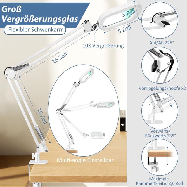Detalle 2 de Veemagni Loupe rectangulaire 10X avec lumière LED et pince (bras pivotant) — lampe de bureau mains libres