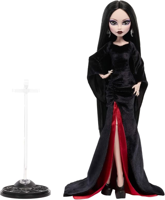 Detalle 2 de Monster High x Wednesday Puppe „Morticia Addams“ (Sammelfigur im schwarz-purpurroten Samtkleid) – JLK99