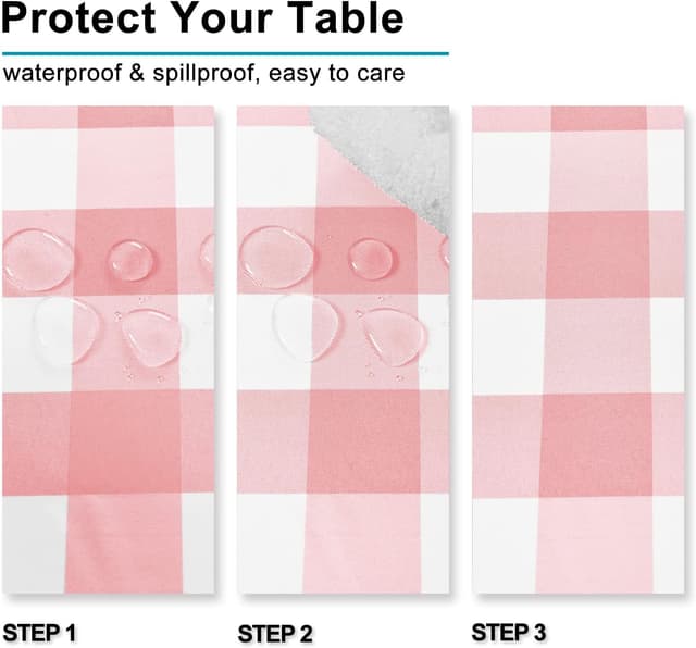 Detalle 2 de Hiasan Waterproof Plaid Tablecloth (2-Pack) 54 x 108 in, Peach Pink & White