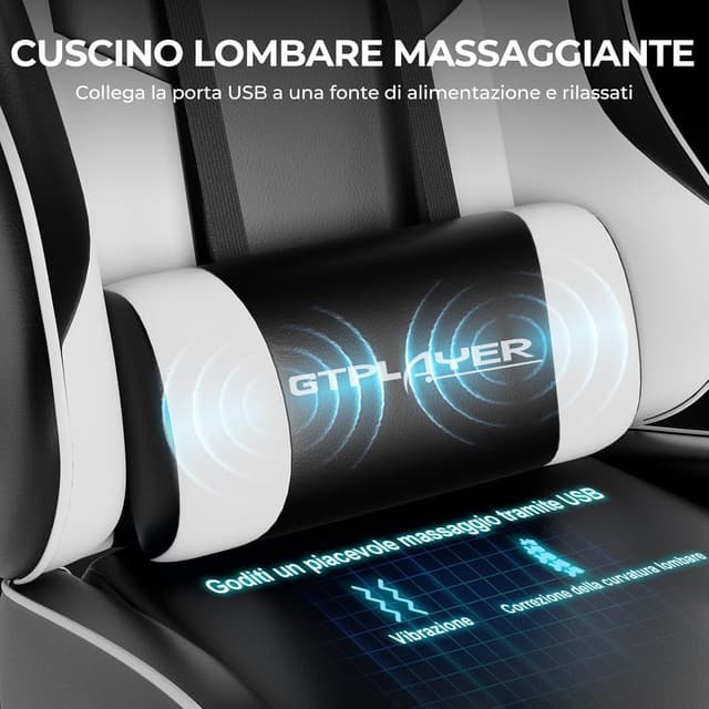 Detalle 2 de LUCKRACER Sedia da Gaming Massaggiante ed Ergonomica con schienale regolabile, poggiapiedi e supporto lombare (reclinabile) – Bianco