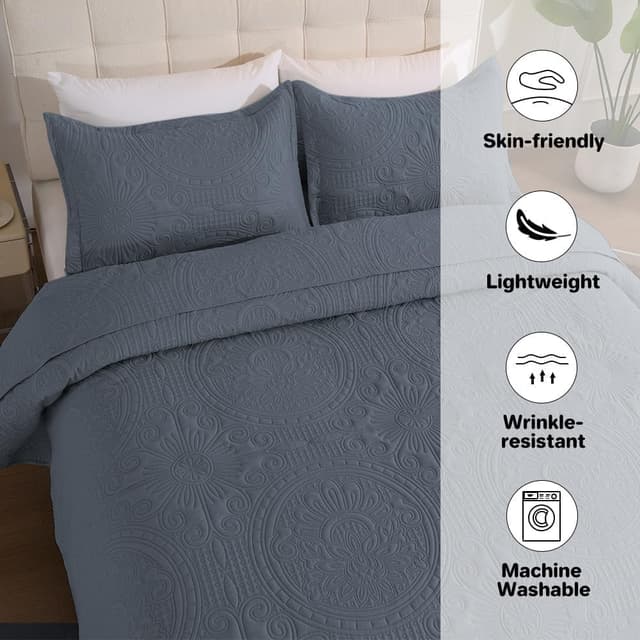 Detalle de DUJUIKE Tagesdecke Bettüberwurf 220x240 cm (blaugrau) – doppelseitige leichte Steppdecke