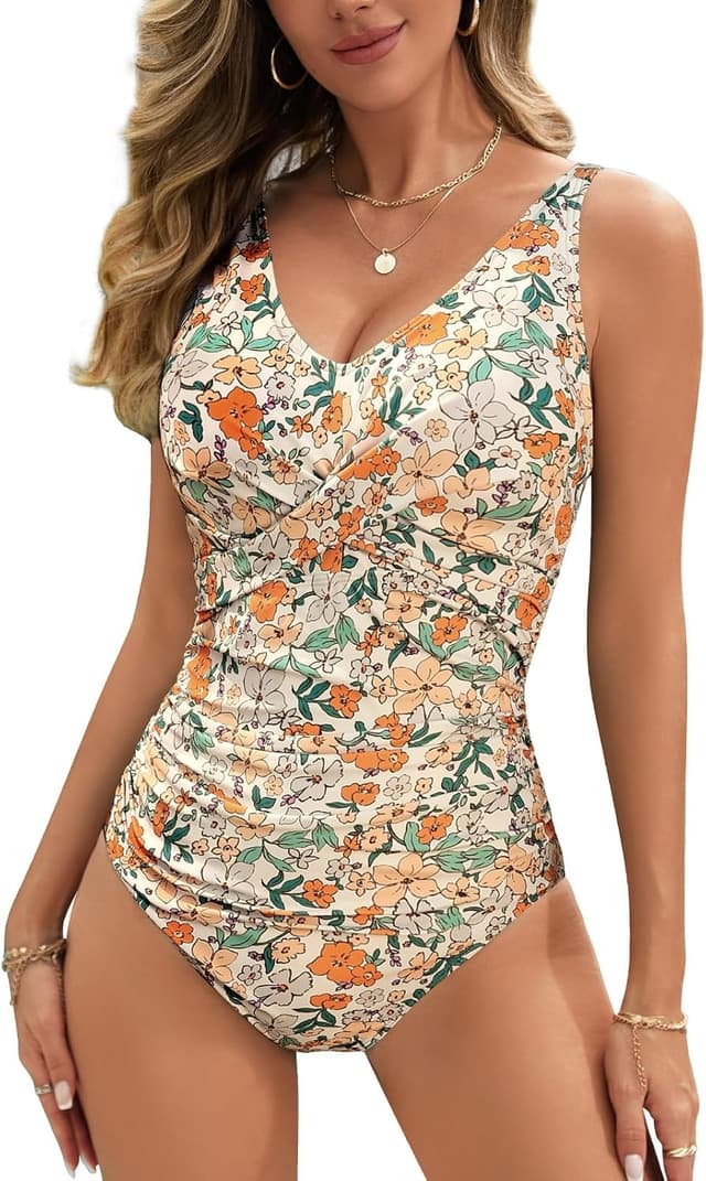 Detalle de Vijamiy Damen Badeanzug One-Piece mit tiefem V-Ausschnitt & Bauch-Effekt