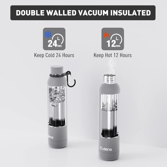 Detalle de Exllena 750ml insulated water bottle with clip, double-wall vacuum stainless steel (BPA-free) – grey