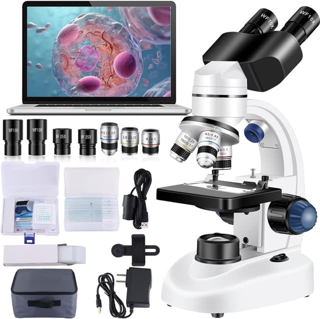 Detalle de Woehrsh WF10x & WF25x Microscope with USB Camera (40X–2000X) for Adults, Lab/School/Home Education (White)