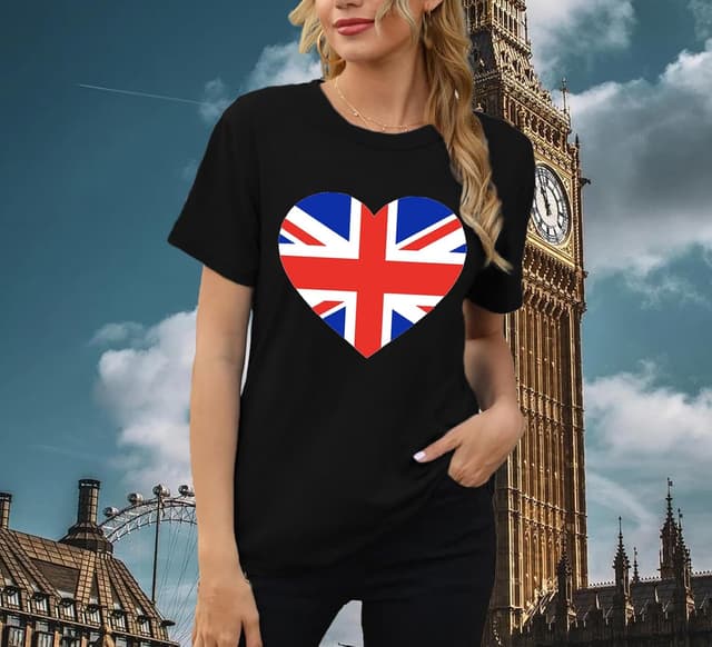 Detalle de Qskall women’s Union Jack T-shirt with heart print – British flag themed tee top