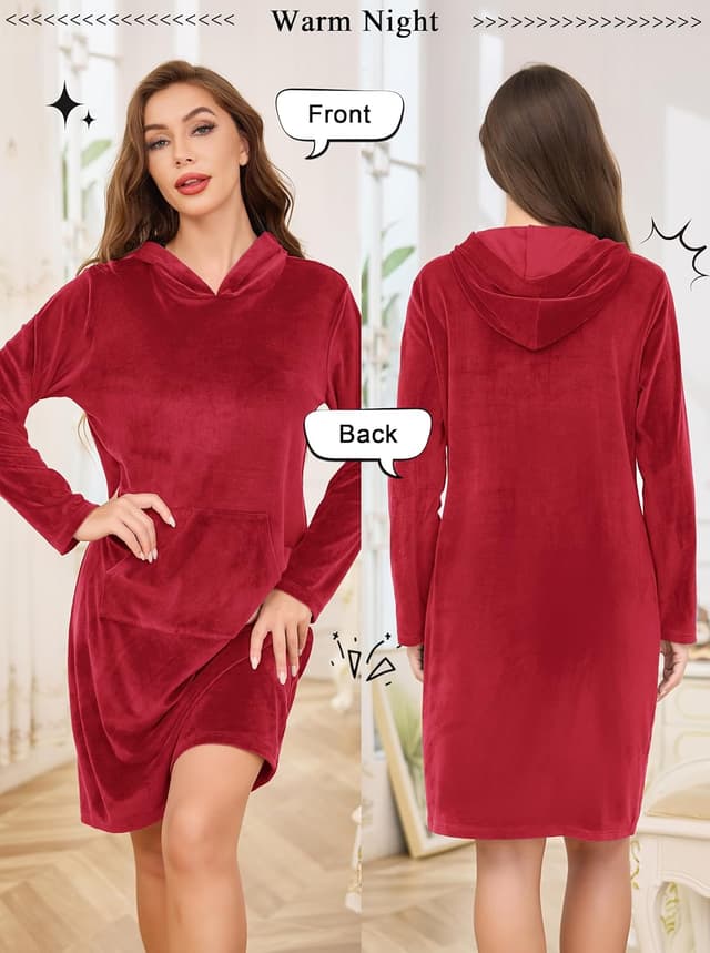 Detalle 2 de Wikoan Women’s Luxury Fleece V-neck Nightdress with Hat (Plus Size)