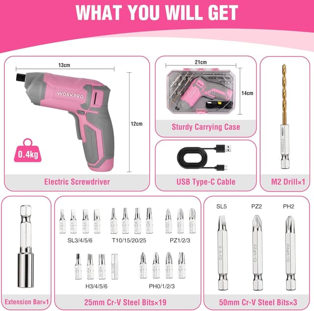 Detalle de WORKPRO Avvitatore elettrico da 3,6 V con 7 Nm, LED e ricarica USB (rosa)