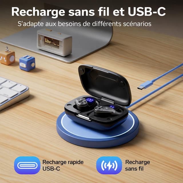 Thumbnail 6 de ECLVOX Écouteurs Bluetooth sans fil Sport 5.3 avec écran LED double, 80 h et IPX7