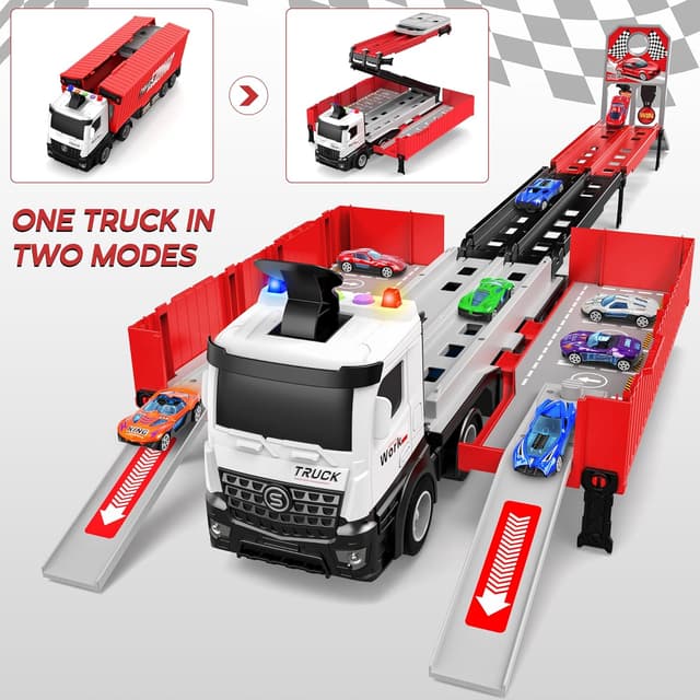 Detalle de Transport Truck Toy for Boys & Girls with 8 Race Cars and Ejecting Dual Tracks (Portable Carrier Truck Set)