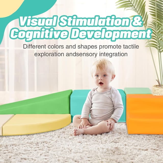 Detalle de TODIBY 6-Piece Soft PU Leather Toddlers Climbing Toys (Orange and Green) — Indoor Foam Climb & Crawl Play Set