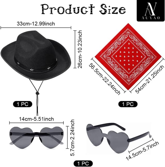 Detalle de AUYAO Kinder-Cowboyhut-Set mit Westernhut, Sonnenbrille und Bandana (Western, Rockstar, Hippie-Style)