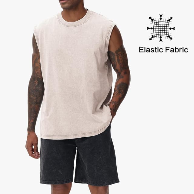 Detalle de Herren Kurzarm Sommer ärmelloses Fitness-Shirt „Washed“ aus Baumwolle – Muskelshirt fürs Training