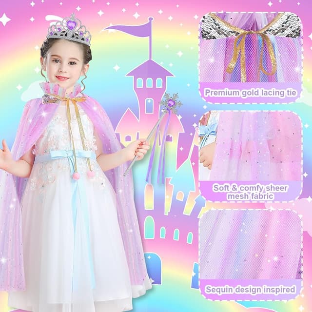Detalle de Vicloon Mantello da Principessa viola con paillettes (11 pezzi) + bacchetta, collana e accessori per feste e Halloween