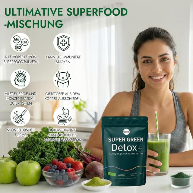 Detalle de Grünes Entgiftungspulver (200 g) mit Matcha, Gerstengras & Beeren – veganes Superfood-Pulver