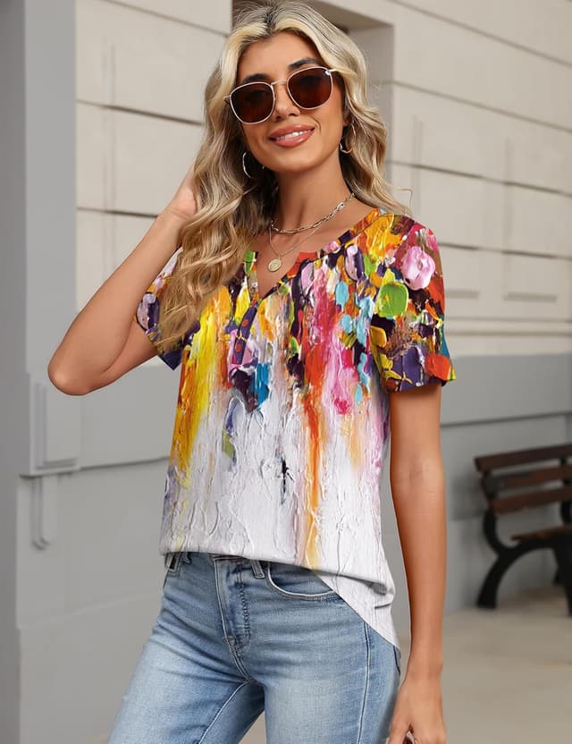 Detalle 2 de TCOT Women’s Dressy-Casual V-Neck Button-Up Blouse (Short Sleeve)