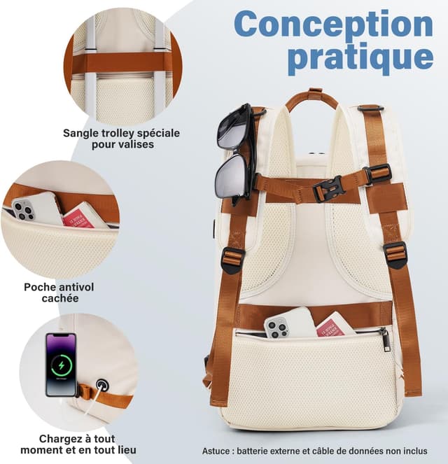 Detalle 2 de COOLIFE Sac de cabine et sac à dos de voyage 40×20×25 cm (format cabine) avec poches et emplacement ordinateur 13,3 pouces