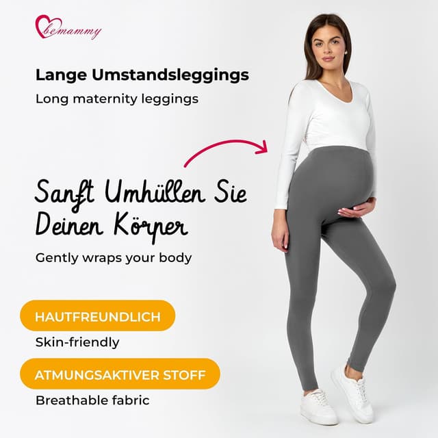 Detalle de Be Mammy Lange Umstandsleggings aus Baumwolle – Umstandsunterhosen mit hohem Bund (BE20-230)