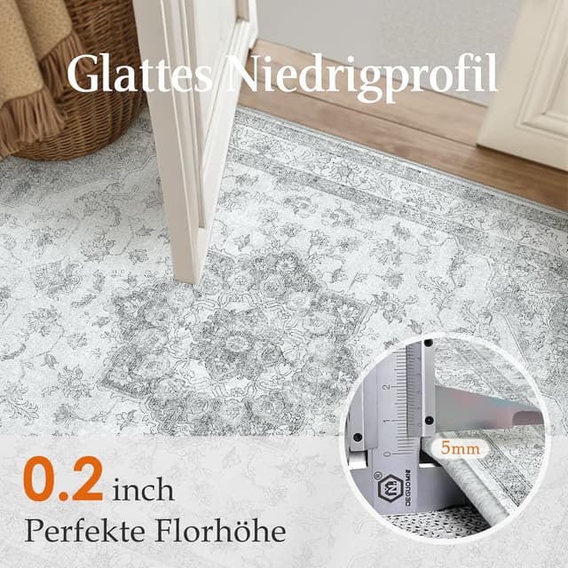 Detalle de PureCozy Vintage Grauer Teppich als Flur Läufer (60x180 cm) – waschbar, kurzflorig, rutschfest