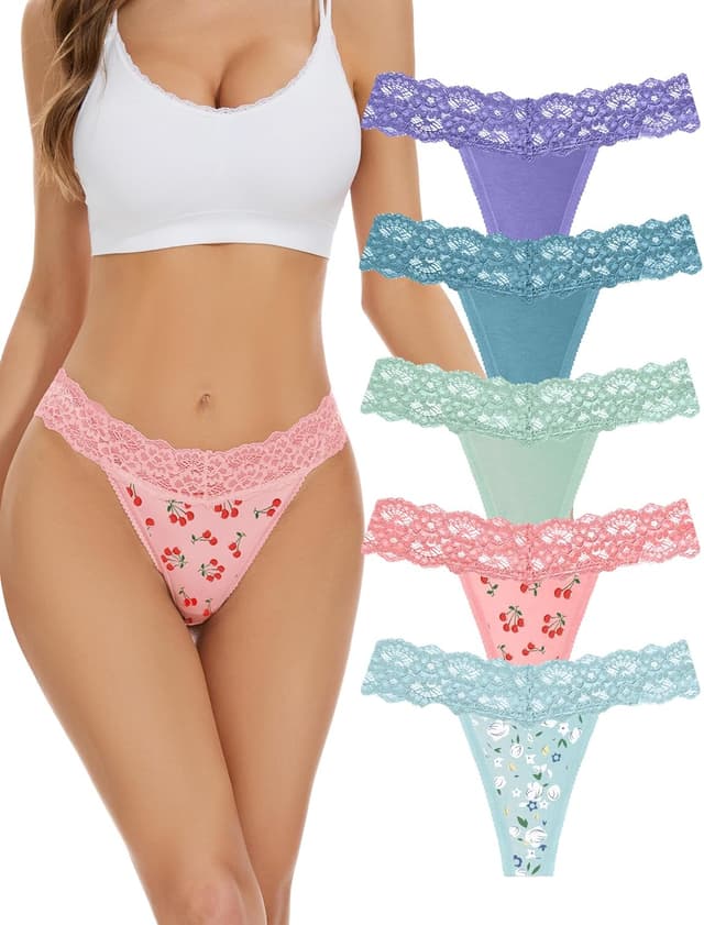 Detalle de VOENXE Lace Seamless Thongs (5-Pack) – no-VPL breathable g strings for everyday wear