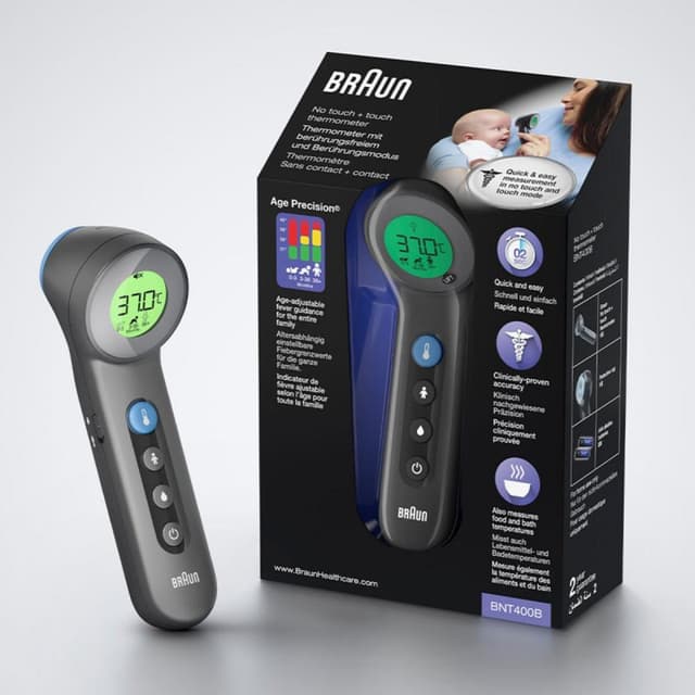 Detalle 2 de Braun BNT 400 BK termómetro frontal gris con sensor remoto y pantalla LCD