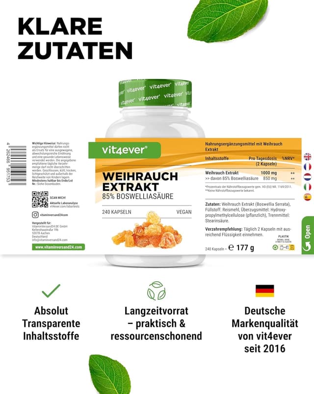 Detalle de vit4ever Weihrauch Extrakt – 240 vegane Kapseln mit 85% Boswelliasäuren