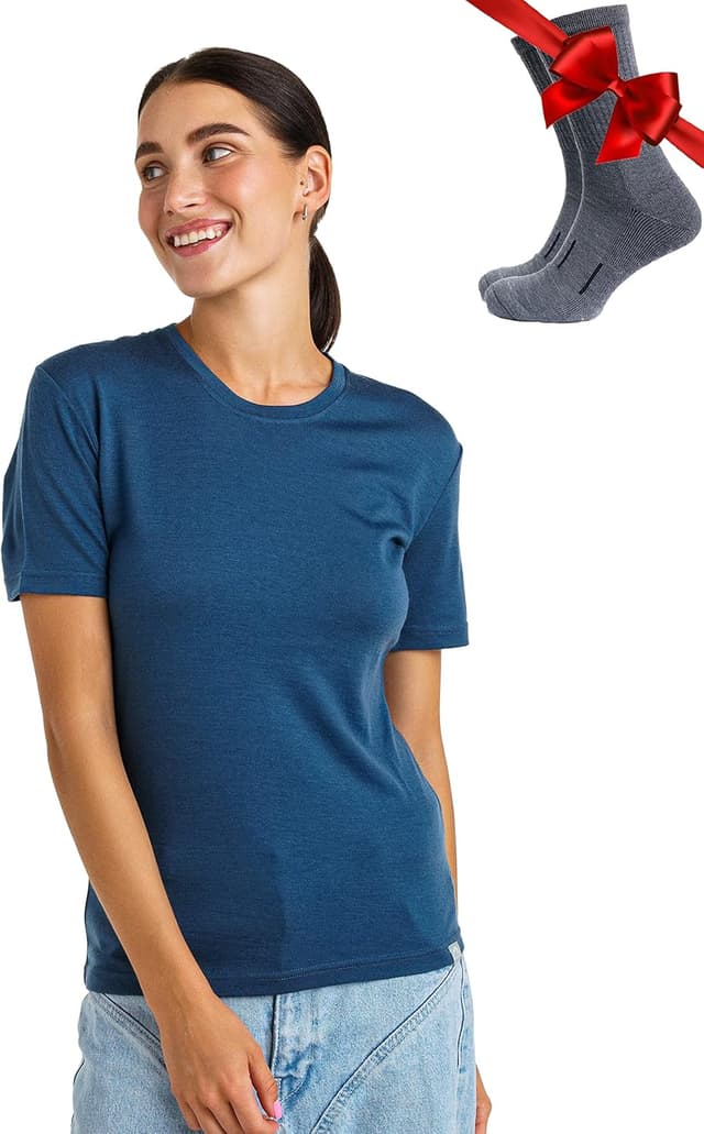 Detalle de Merino.tech 100% Merino T-Shirt Damen (165 g/m², 17,5 Mikron) + Merino-Wandersocken