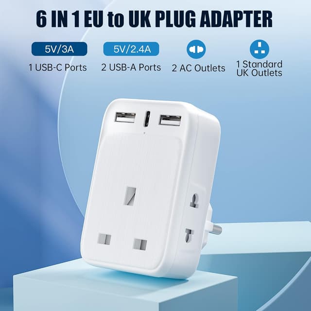 Detalle de UK to European Plug Adaptor with 3 USB Ports (incl. 20W USB-C) and Shaver Adapters for Type E/F travel