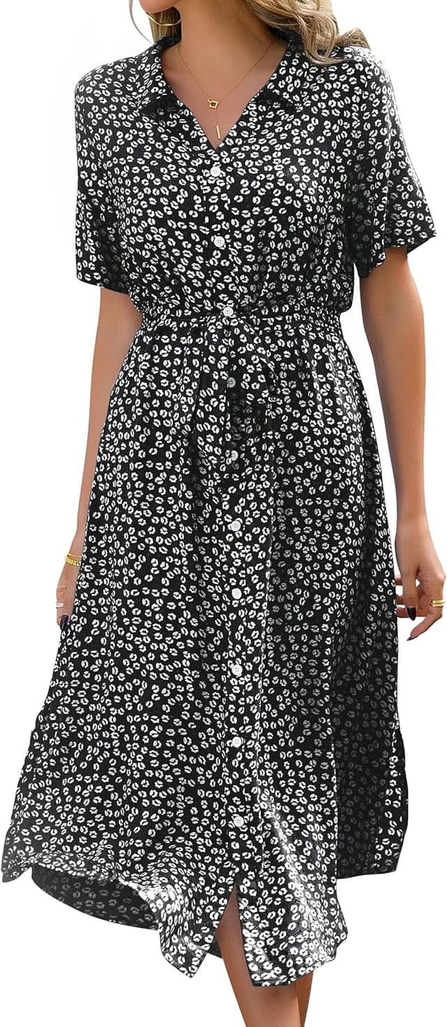 Thumbnail 6 de Livonmone Sommerkleid für Damen mit V-Ausschnitt, Blumendruck, Gürtel und Knopfverschluss