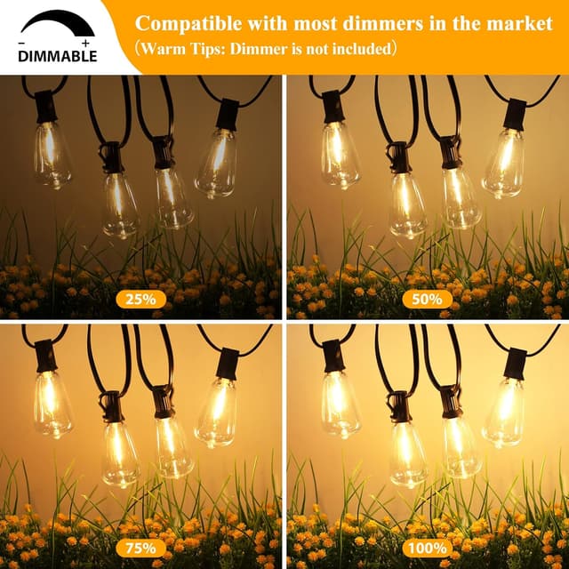 Detalle de Brightever 100FT LED Outdoor String Lights with 52 Shatterproof ST38 Edison Bulbs (2700K, Dimmable)