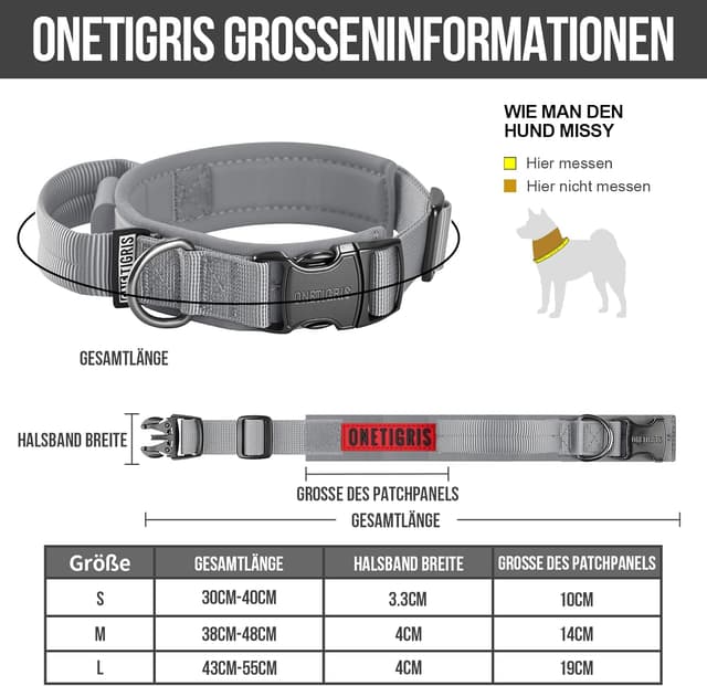 Detalle de OneTigris Hundehalsband mit Metallschnalle Grau (S) – gepolstertes Nylonband mit D-Ring